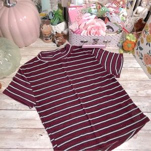 Forever 21 Maroon Striped Short Sleeve Top Women’s Size Small High Neck Layering